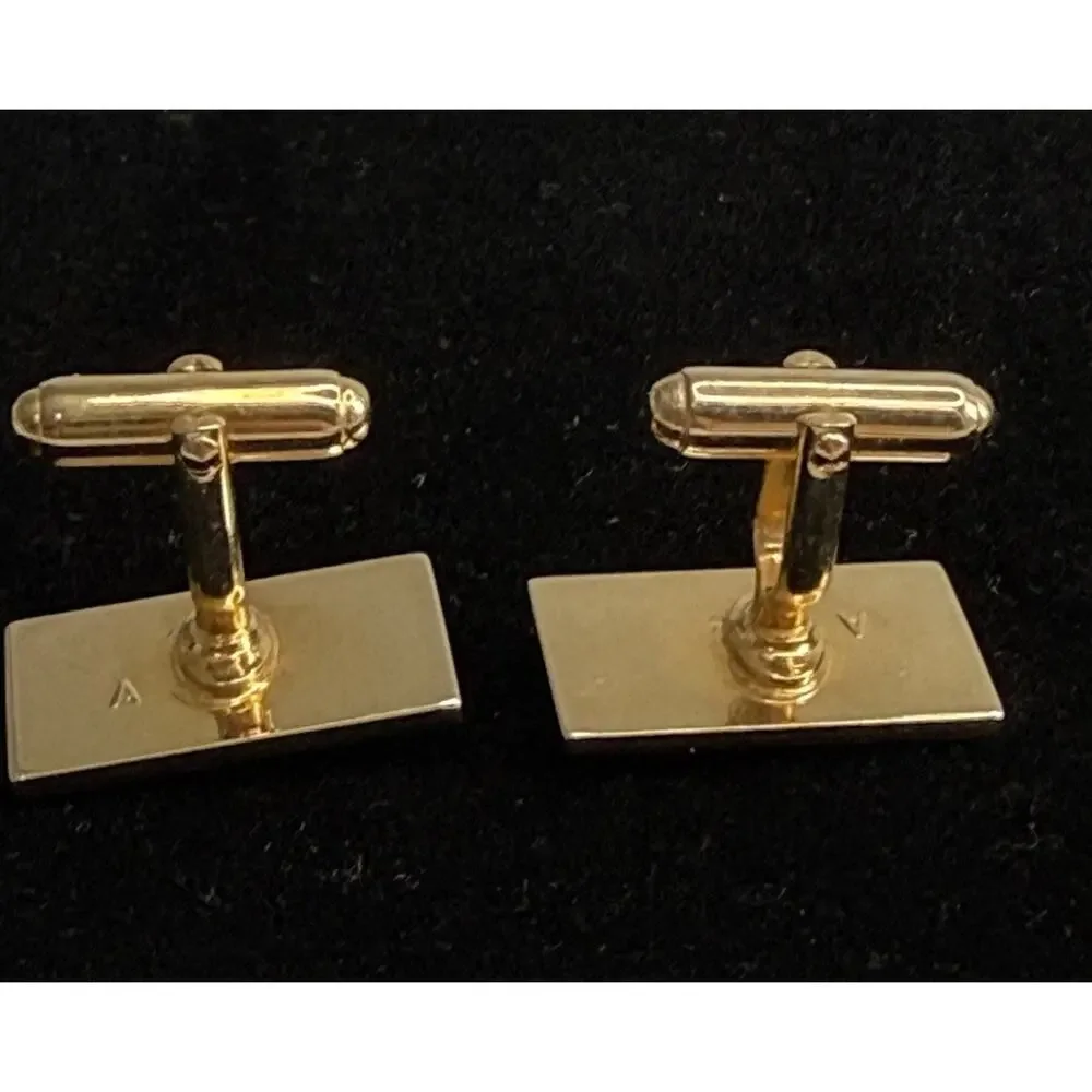 Art Deco Style Cufflinks Marked Anson Rectangle Gold Tone W/ Cobalt Blue 1960's